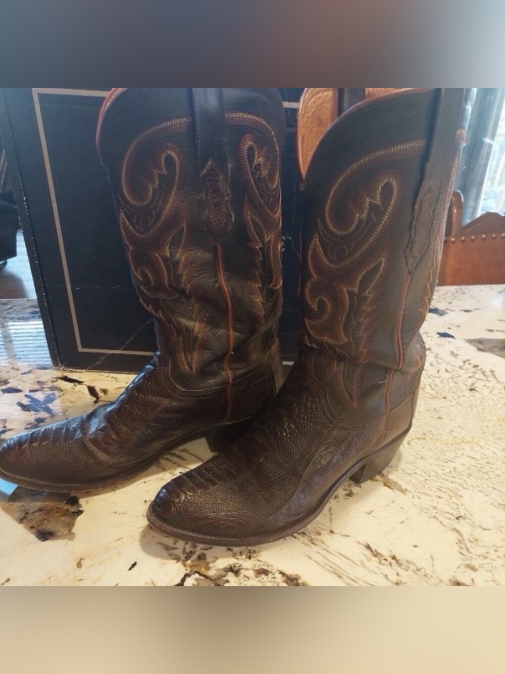 Lucchese Brown Ostrich Leather Western Cowboy Boots 9D